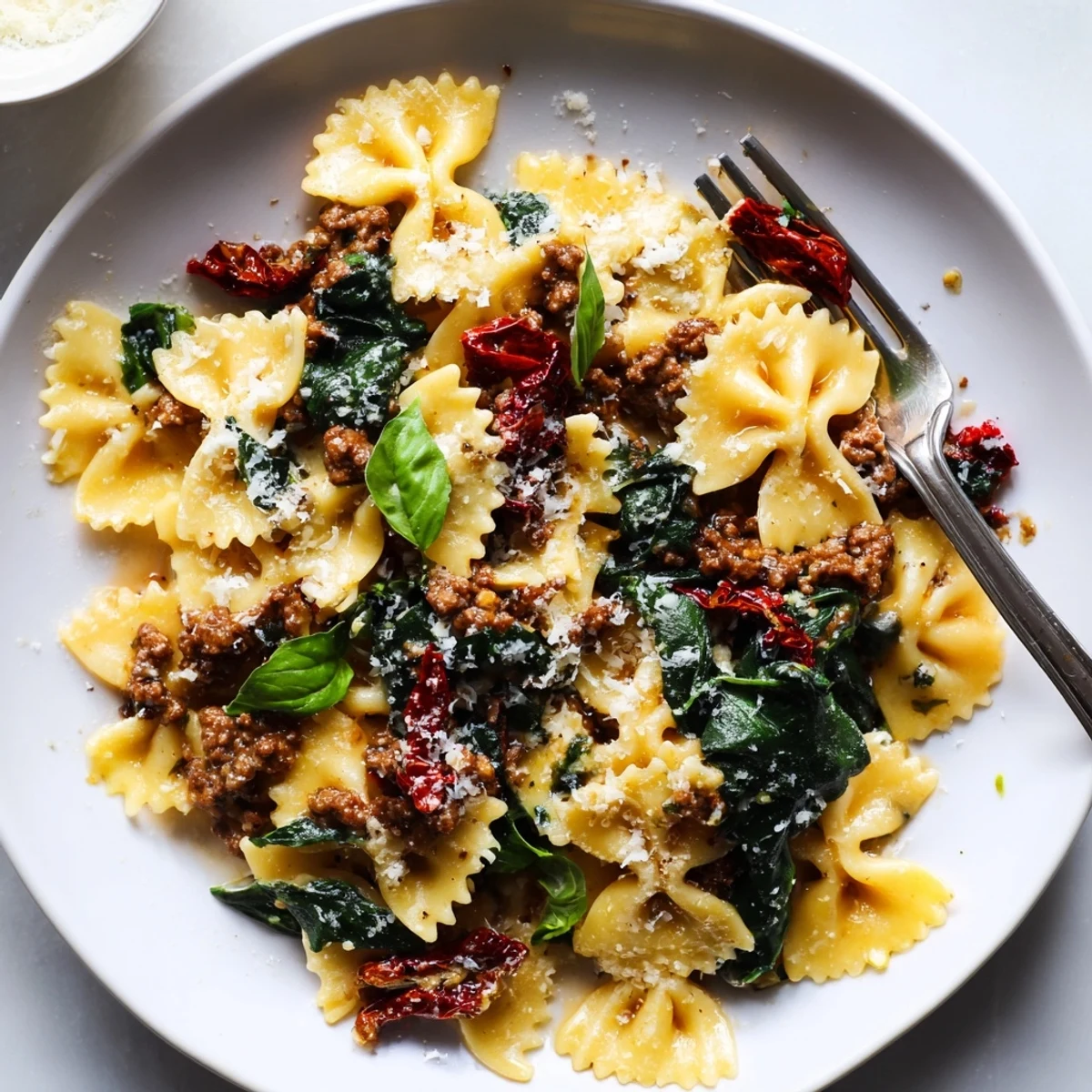 Savory Tuscan Sun-Dried Tomato & Sausage Pasta Skillet served warm, bursting with Italian flavors.
