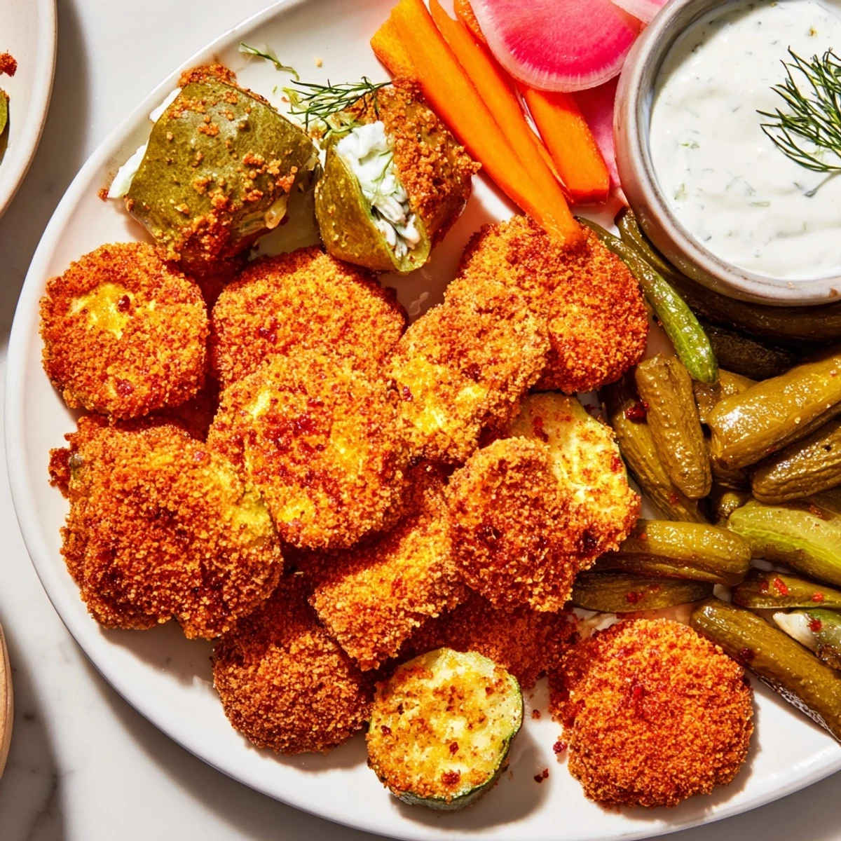 Crispy fried pickles served with tangy ranch and vibrant pickled vegetables.  