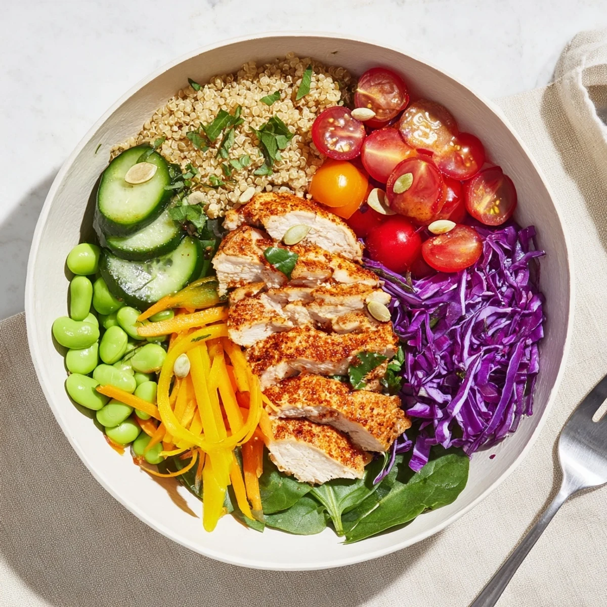 Vibrant meal-prep bowls filled with lean protein and zesty dressing delight.  