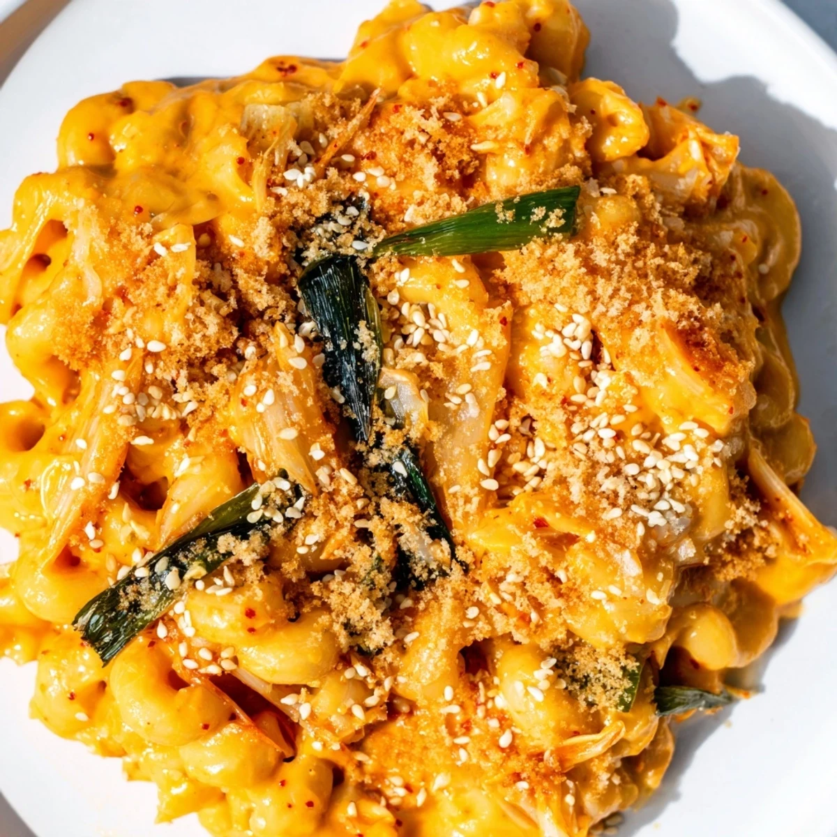 Indulgent Spicy Kimchi Mac & Cheese topped with buttery panko and sesame crunch.  