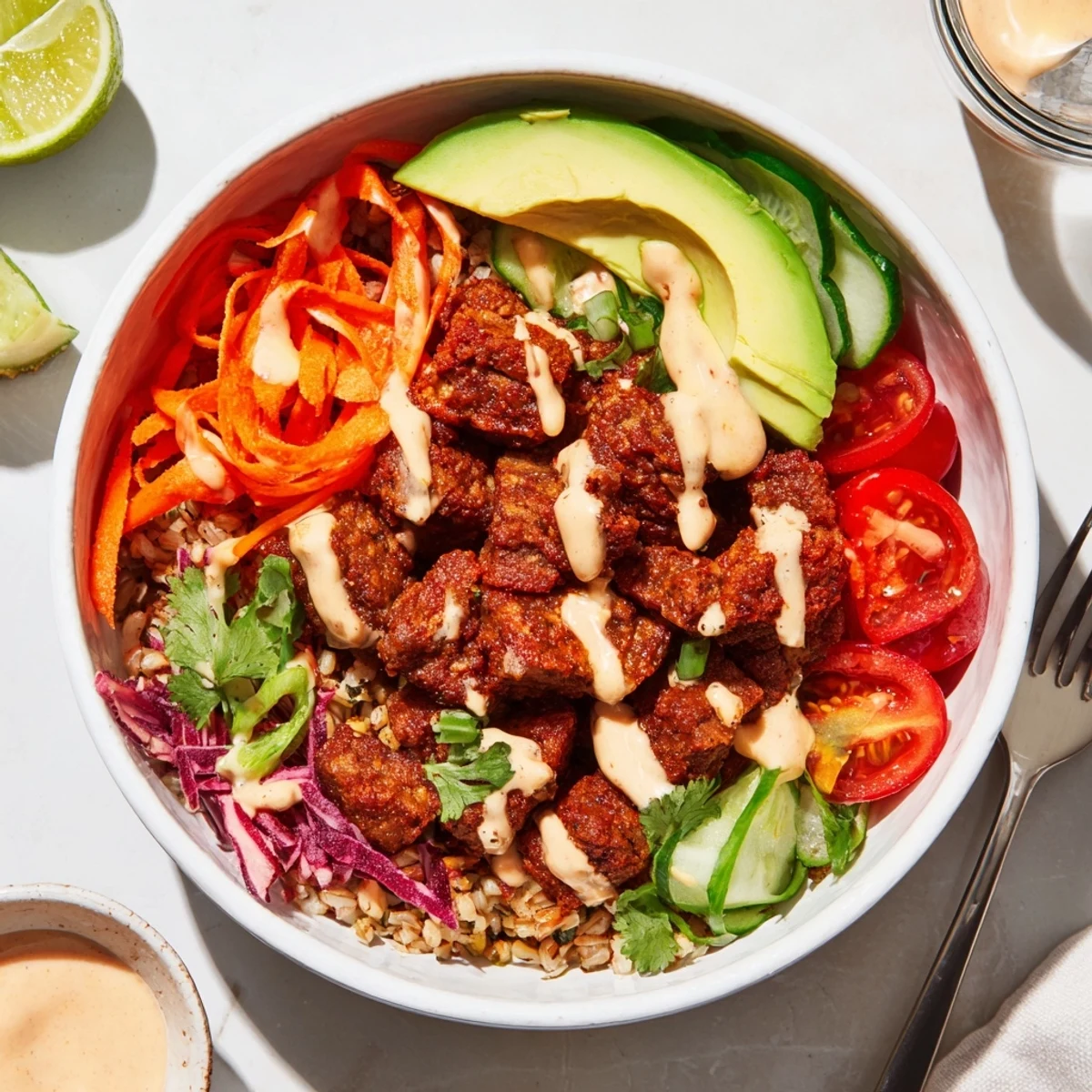A colorful plant-based meat bowl with fresh veggies and zesty lime wedges.  