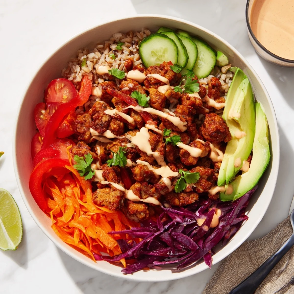Savory plant-based meat bowl featuring quinoa, crisp vegetables, and cilantro garnish.