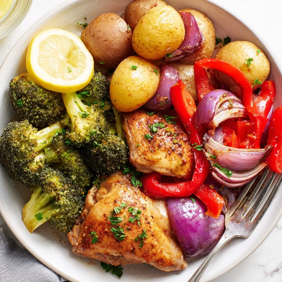 Juicy Lazy Gourmet Chicken & Vegetable One-Pot on a plate, garnished with parsley and lemon.  