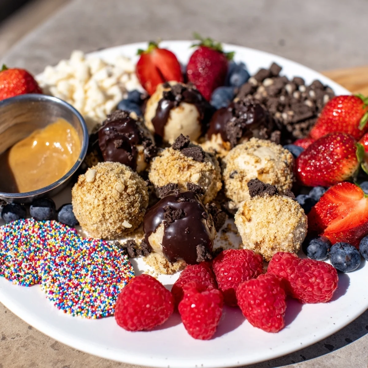 Colorful spread of deconstructed dessert board with cheesecake bites, berries, and sauces.  