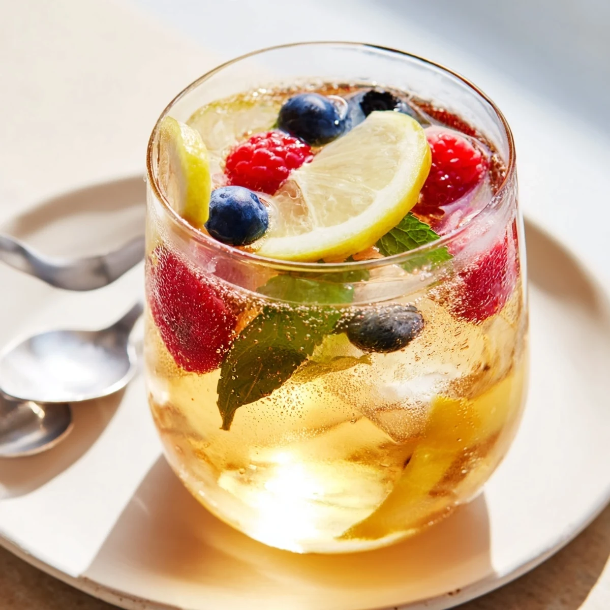 Invigorating homemade kombucha-style mocktails, garnished with fresh mint and citrus slices.