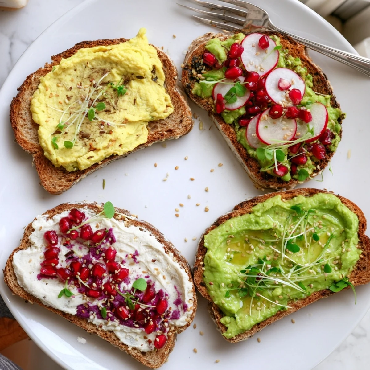 Vibrant breakfast toasts topped with ube spread, avocado, and fresh garnishes.  