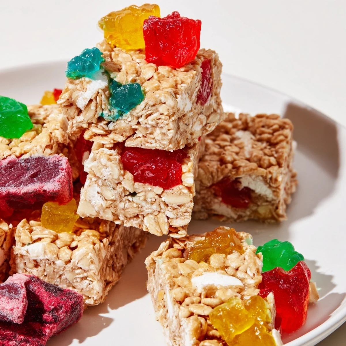 Chewy DIY snack bars topped with colorful homemade gummies and freeze-dried candy.  