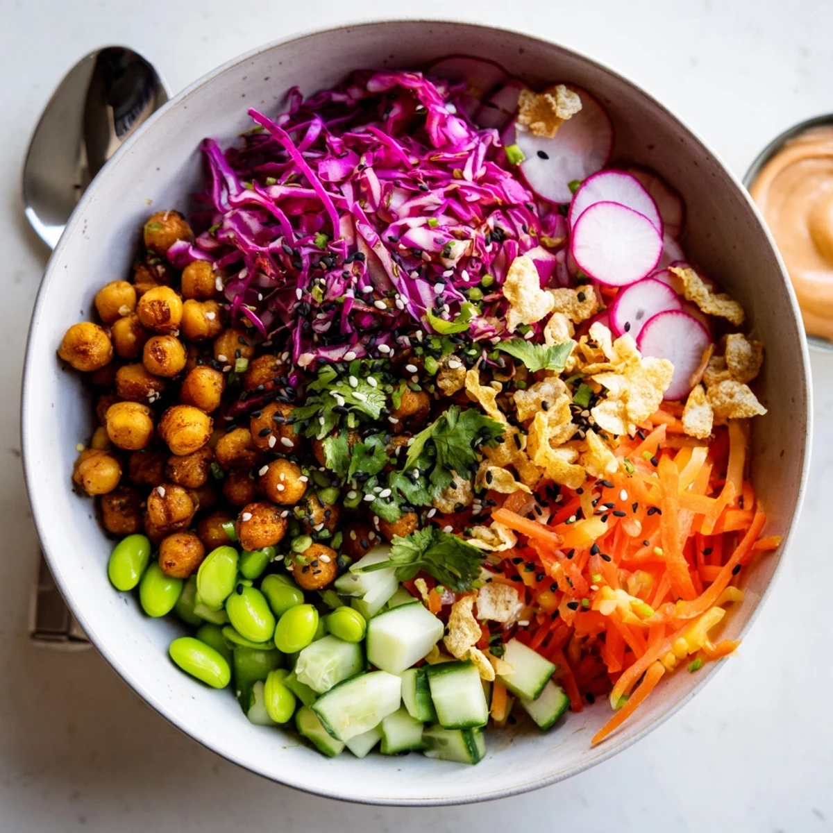 Colorful ASMR Crunch Snack Bowls filled with fresh vegetables and crispy toppings.  