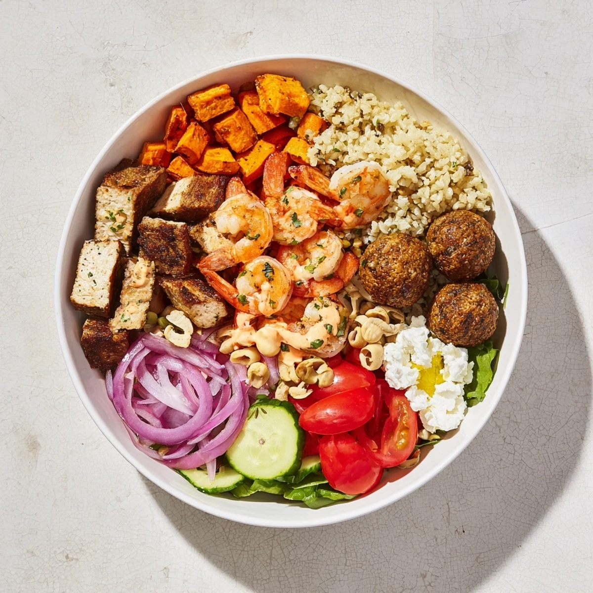 Colorful interactive plated meals featuring grilled proteins and fresh veggies for a personalized experience. 