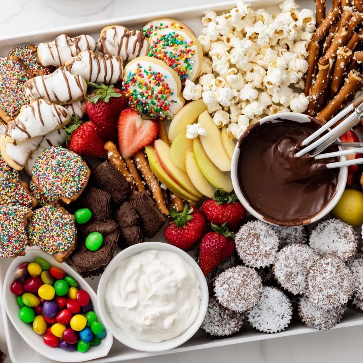 A colorful dessert board with themed snacks and assorted sweets for gatherings.  