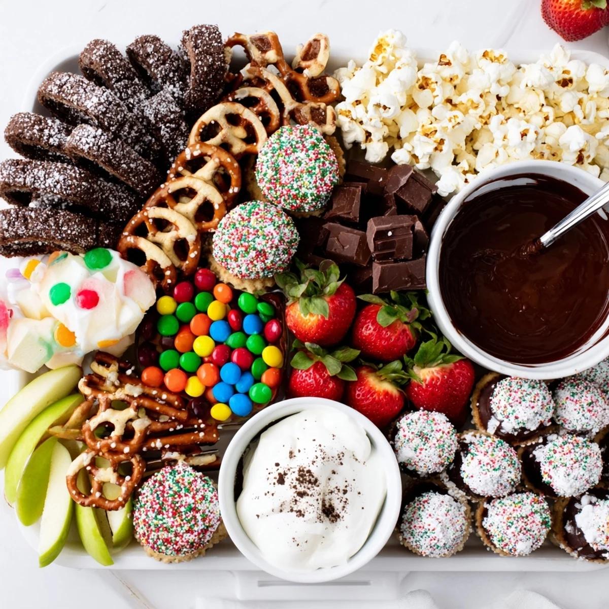 Beautifully arranged dessert board featuring snacks, candies, and sweet dips for celebration.