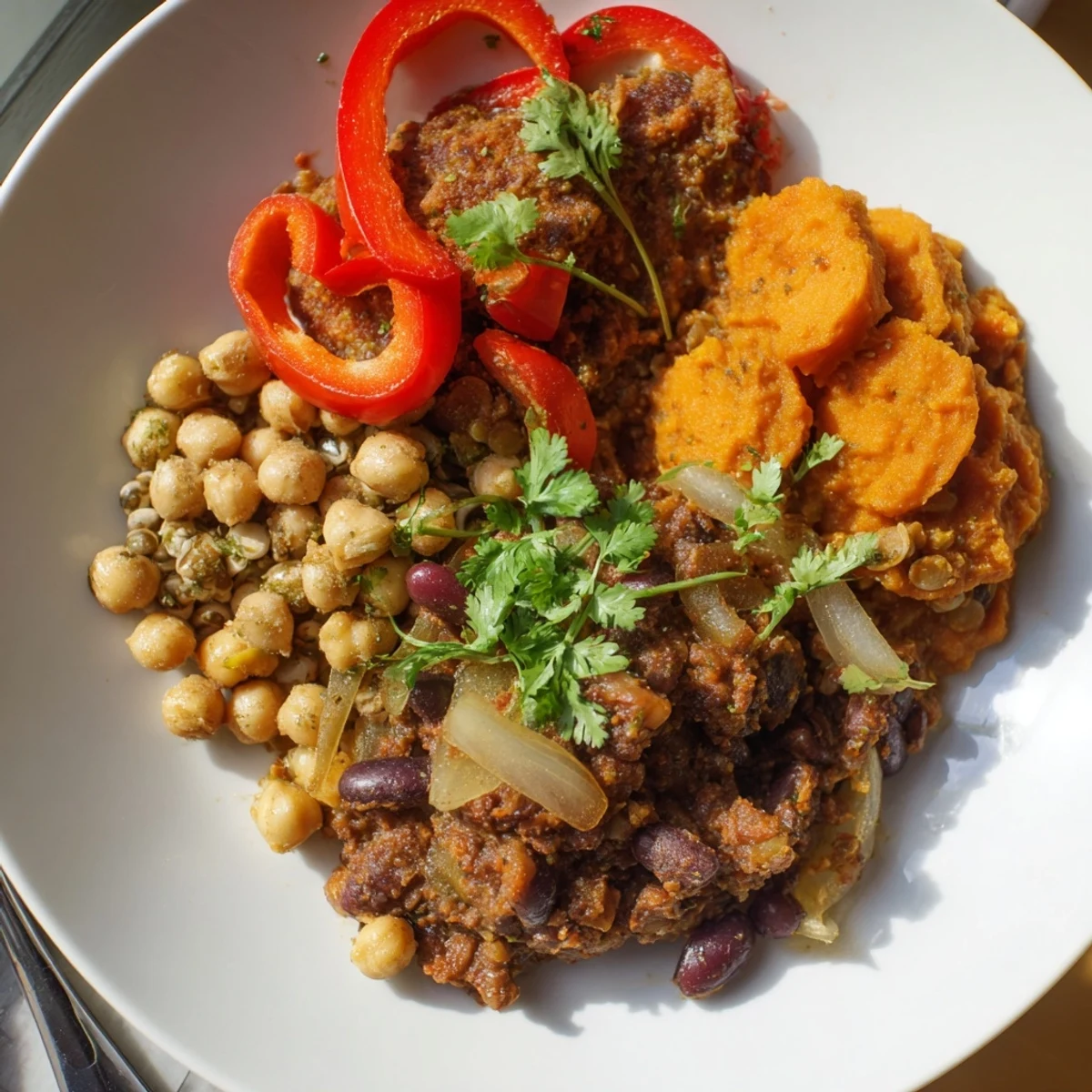 Delicious Caribbean sweet potato curry, garnished with parsley and served with rice.