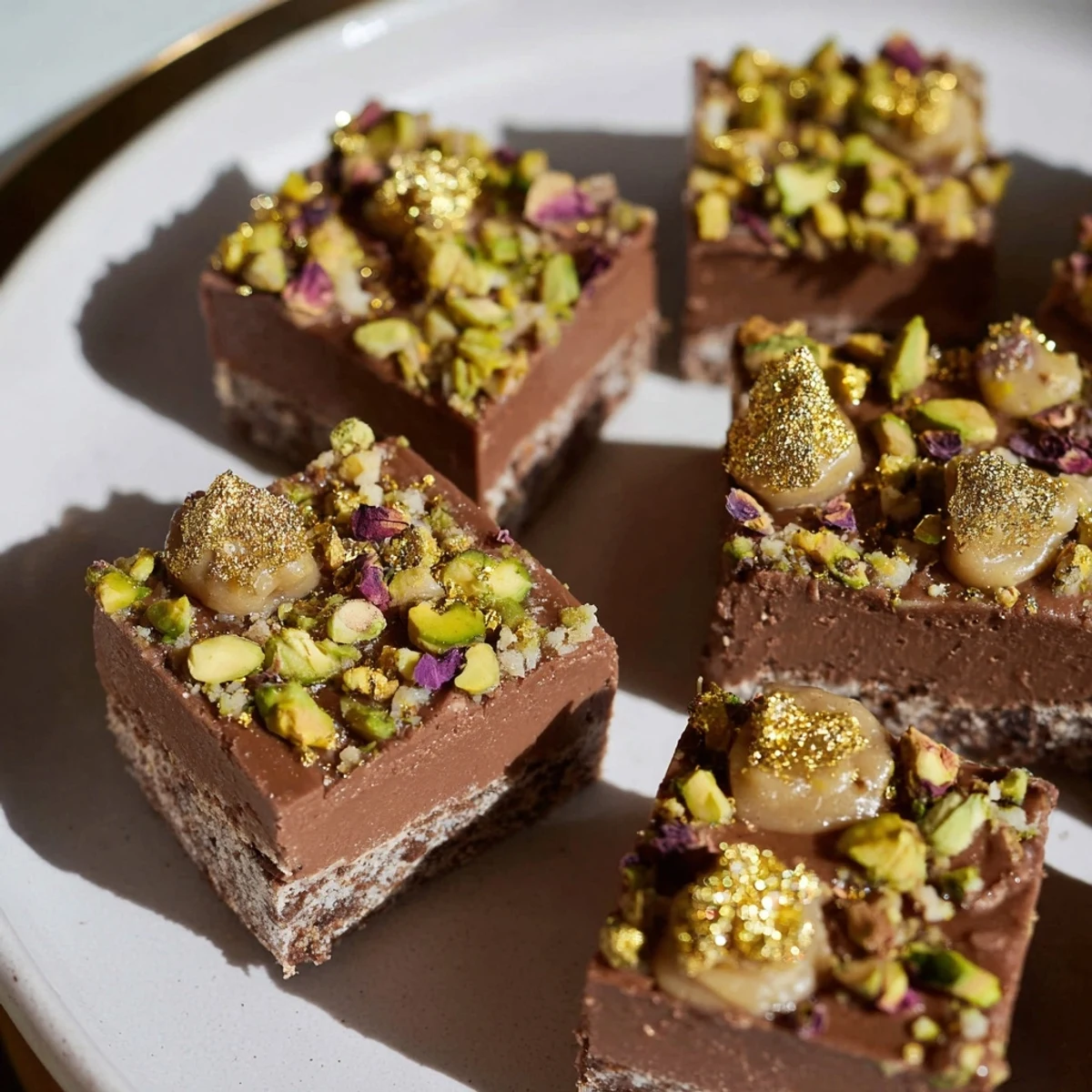 Decadent Chocolate Bar Inspired Creations topped with vibrant crushed pistachios and rose petals.  