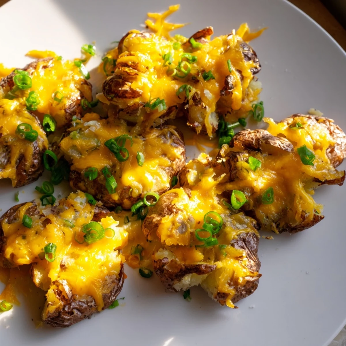 Golden brown smashed green onion potato bombs, perfect for snacking or appetizers!  