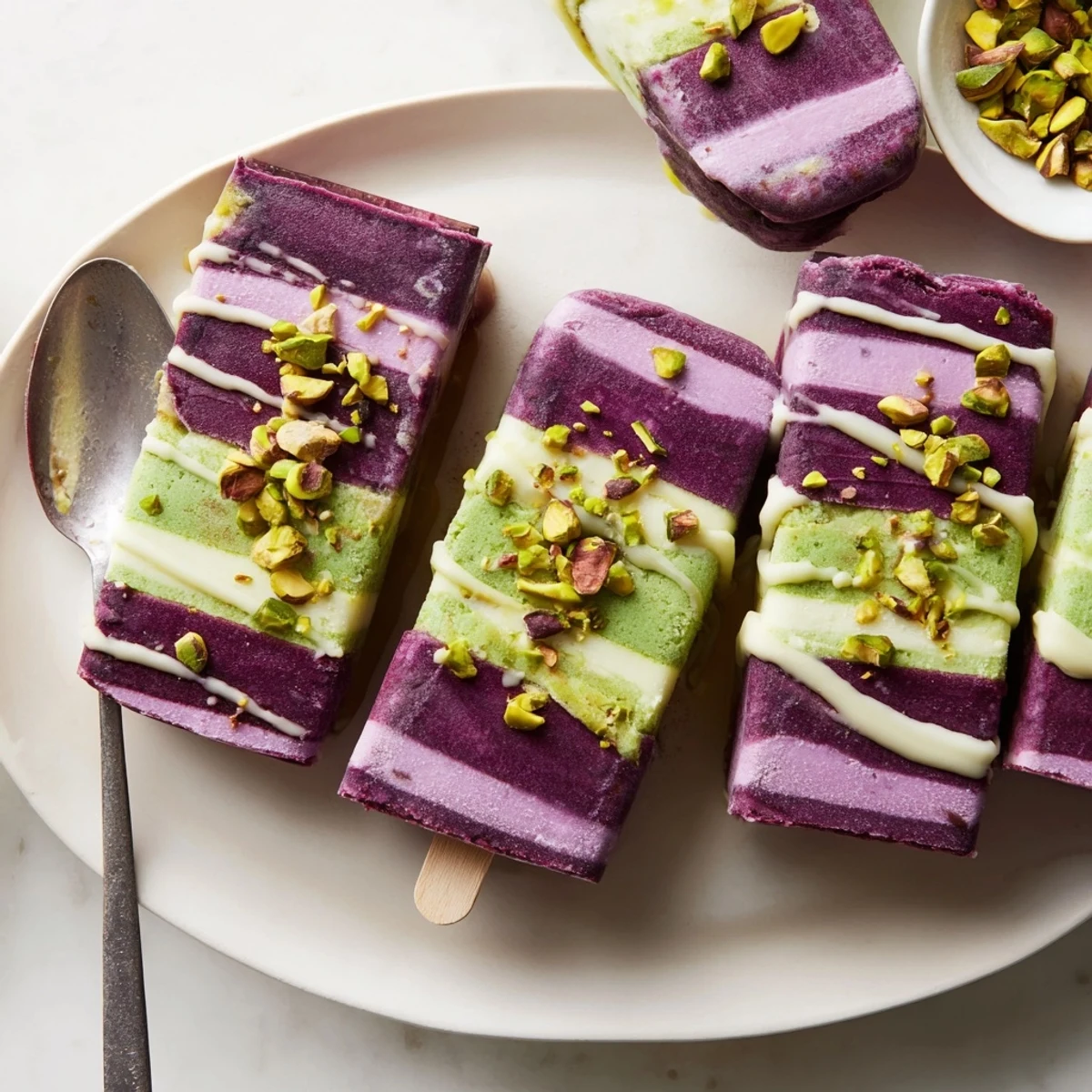 Vibrant ube and nutty pistachio ice cream bars topped with chopped pistachios.  