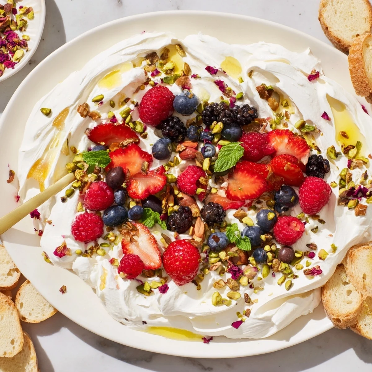 Decadent butter board dessert featuring creamy toppings and vibrant fresh berries.