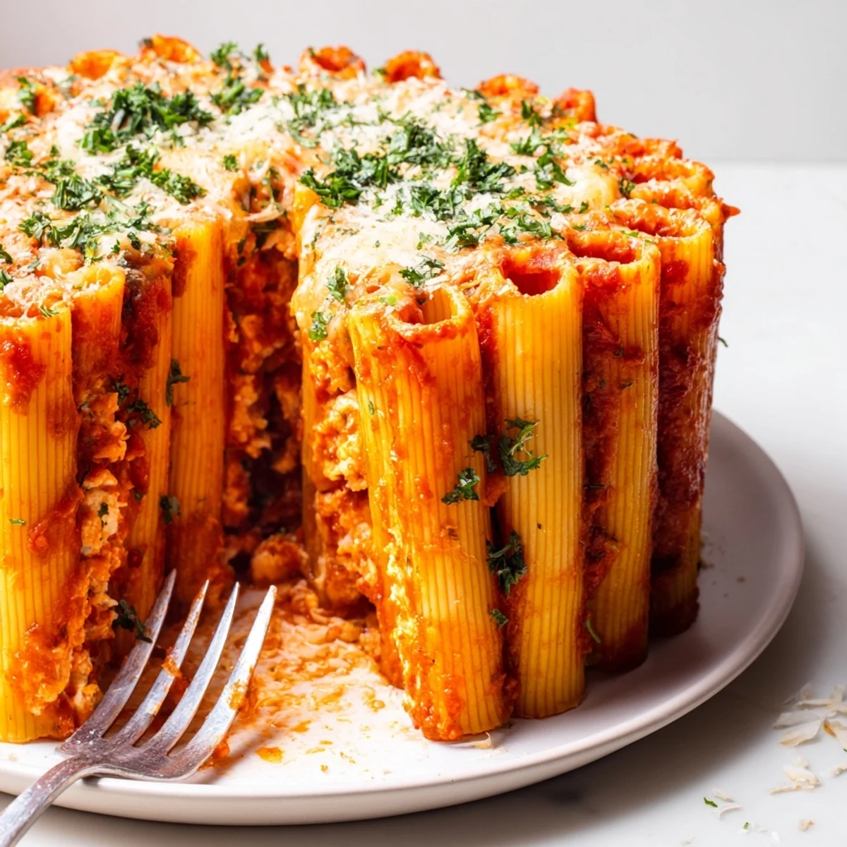 Delicious honeycomb pasta cake filled with creamy ricotta and rich tomato sauce.  
