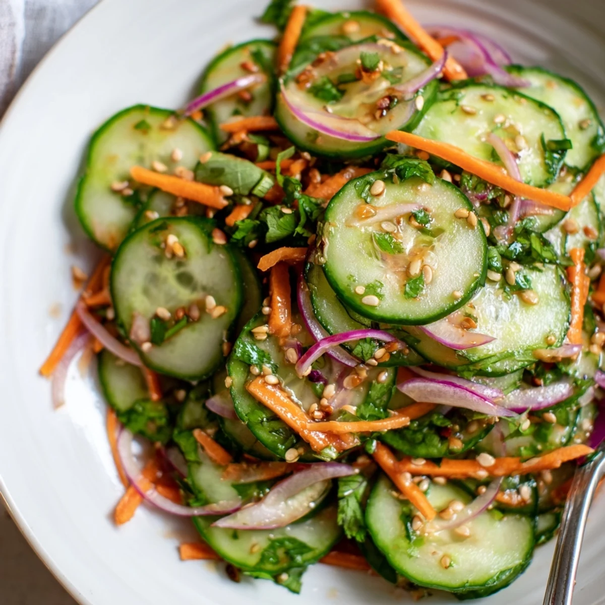 A colorful cucumber salad remix drizzled with zesty Asian-inspired dressing.  