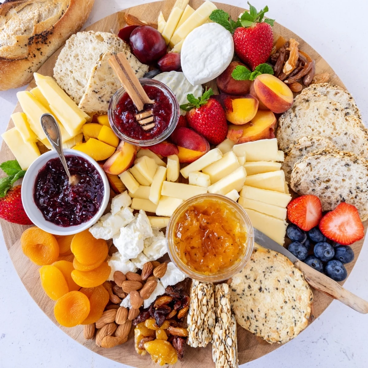 Artisan breads, lively jams, and cheeses create a stunning brunch board display.