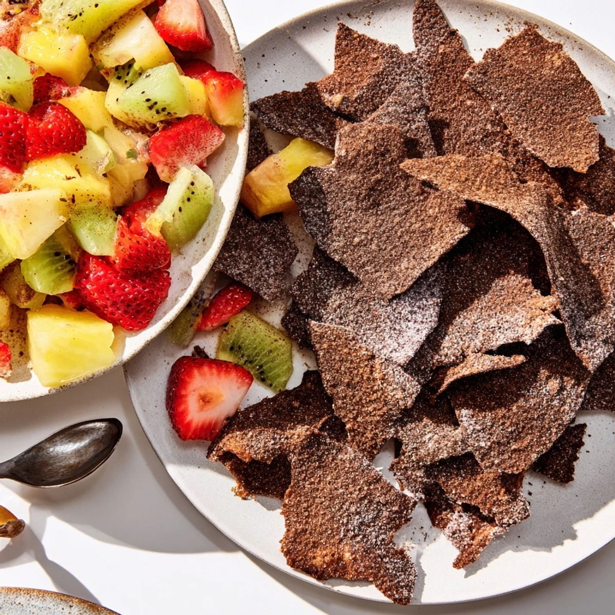 Homemade dessert chips & salsa, featuring sweet fruits and rich chocolate crunch.  