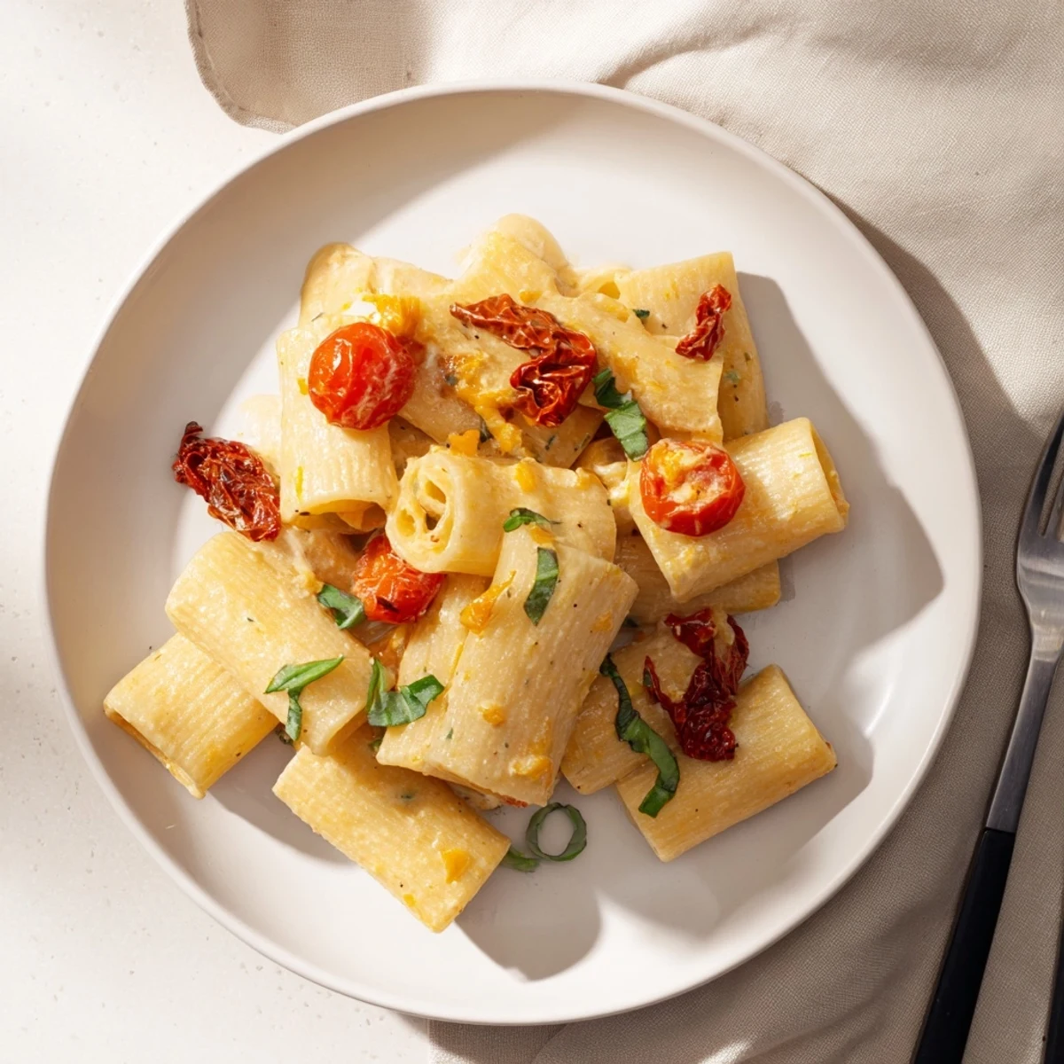 A delicious bowl of baked feta pasta with vibrant cherry tomatoes and fresh basil.  