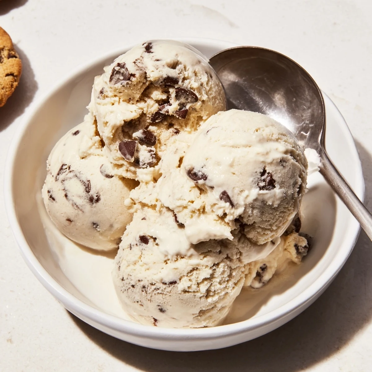 Homemade cottage cheese ice cream topped with rich edible cookie dough chunks.  