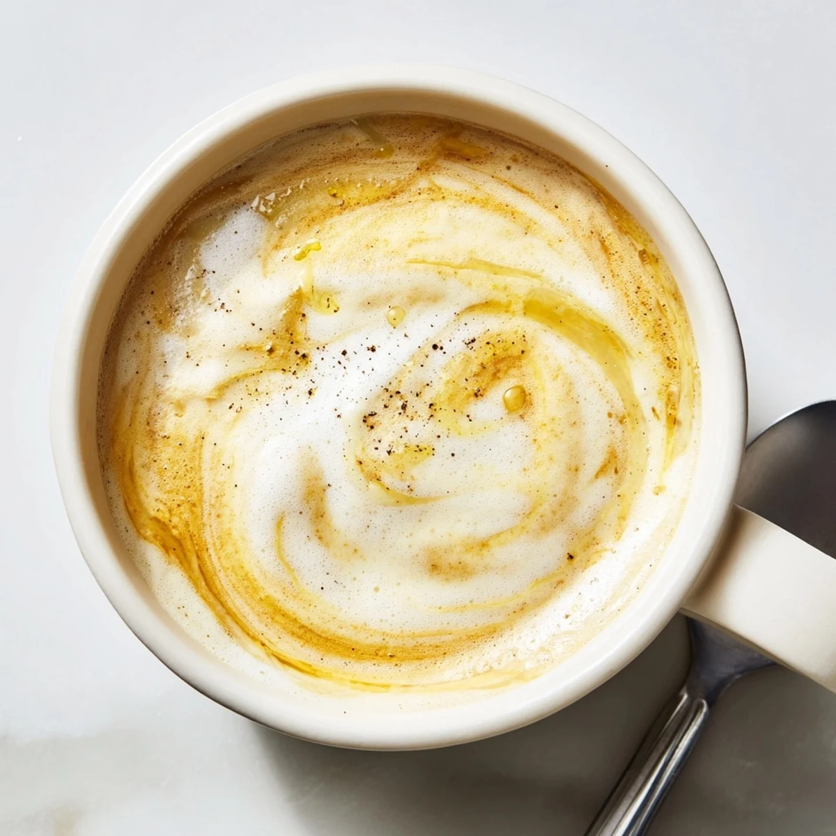 Caramelized onion latte topped with creamy froth, perfect for adventurous coffee lovers.  