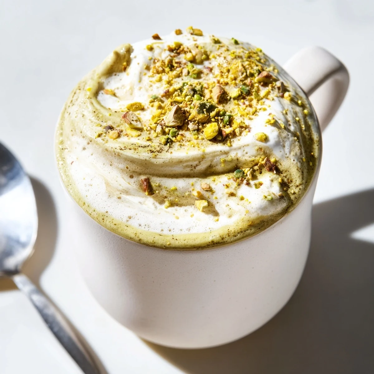 Creamy pistachio milk latte topped with crushed nuts, perfect for coffee lovers.  