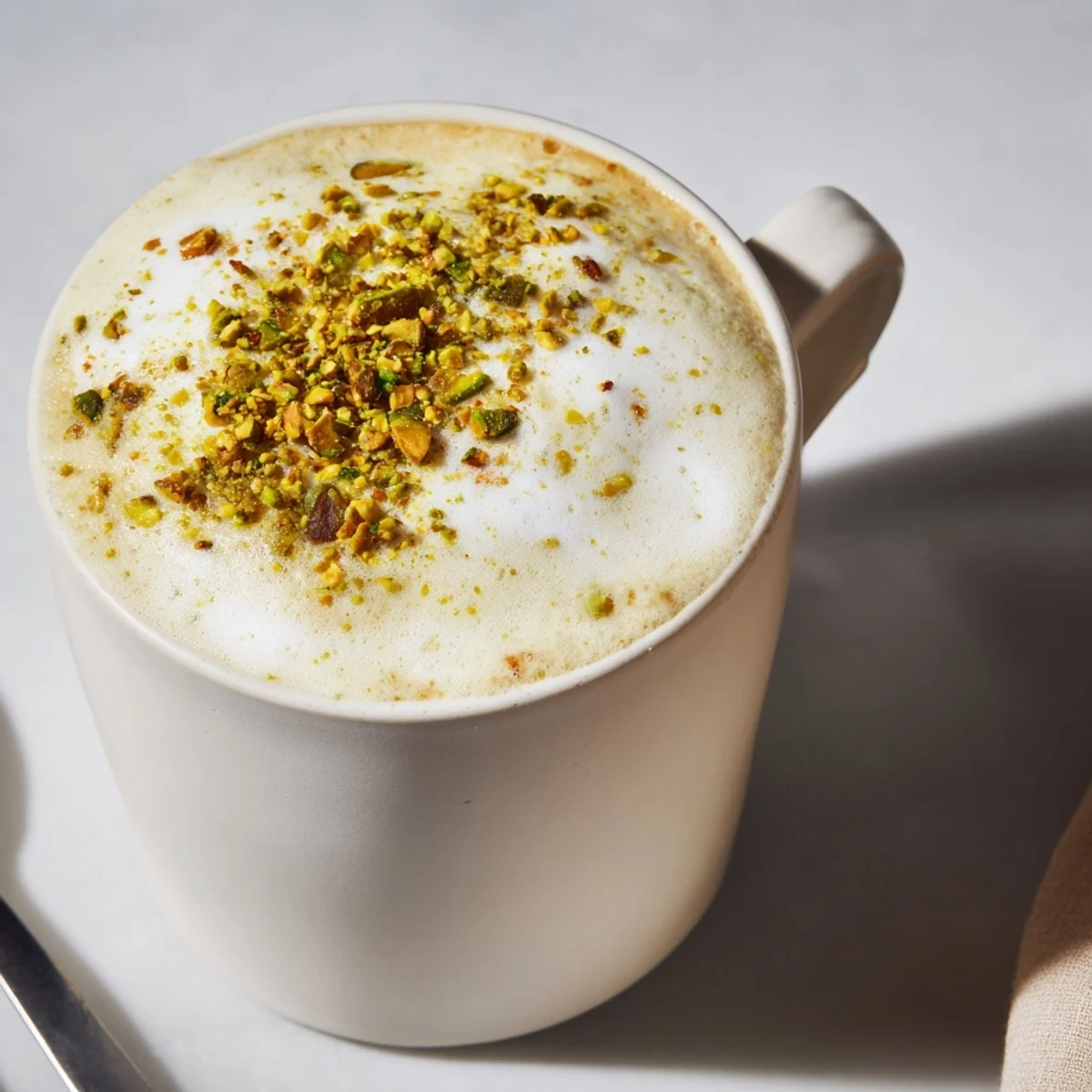 A vibrant pistachio milk latte garnished with nuts, ideal for cozy mornings.