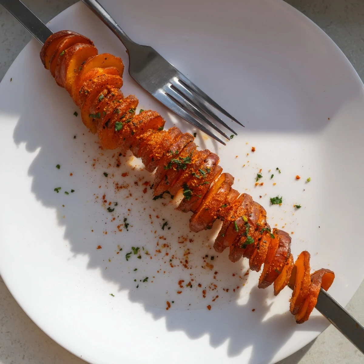 Crispy Air-Fryer Tornado Potatoes seasoned and skewered for a fun snack experience.  