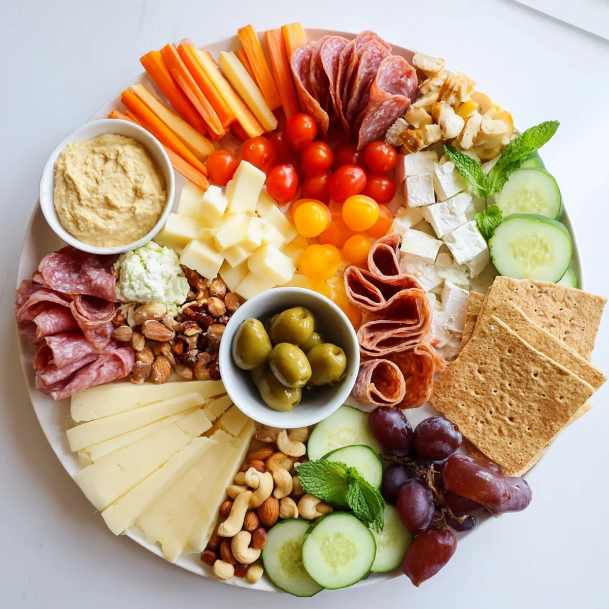 A colorful girl dinner platter filled with cheeses, fruits, and tasty dips.  