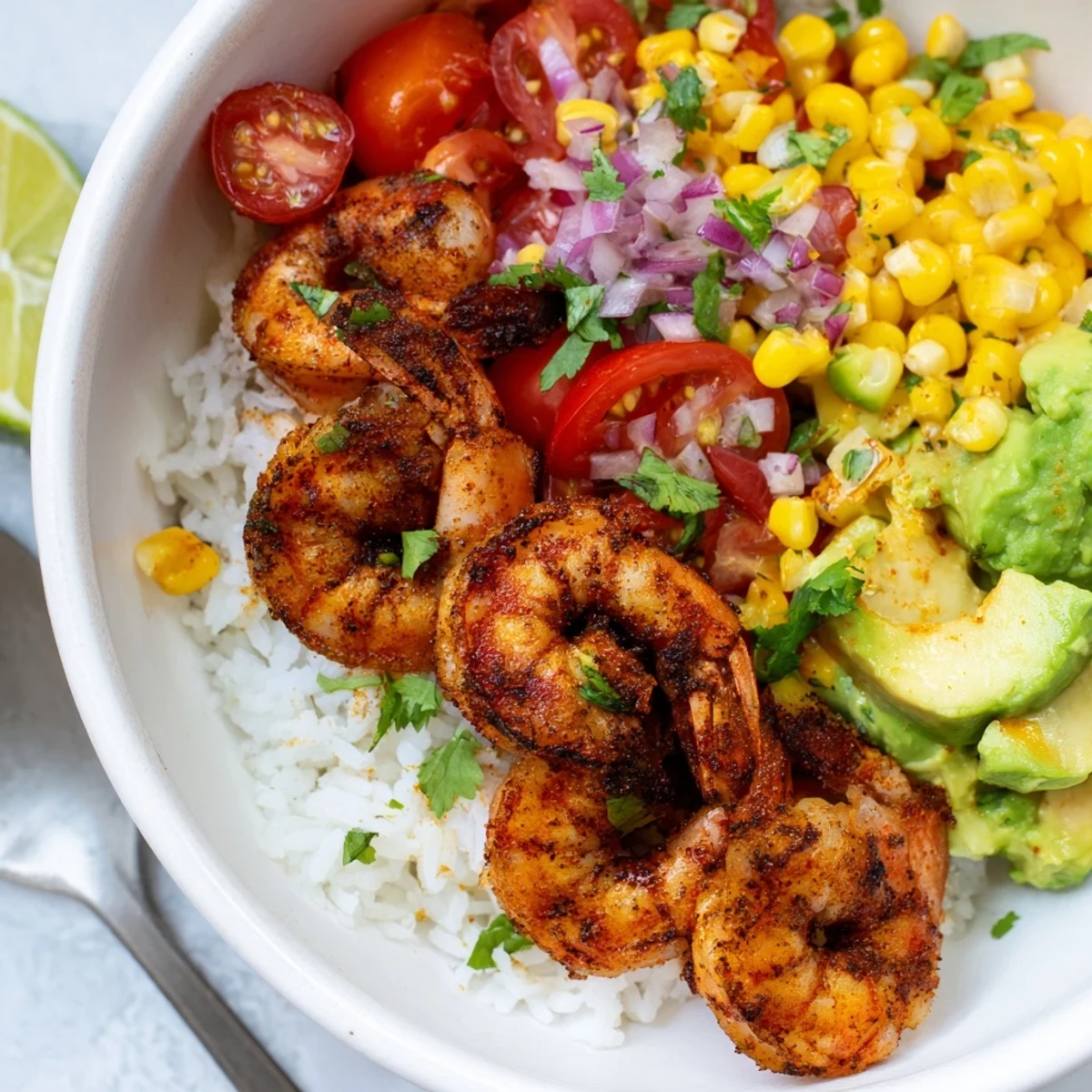 Bright and fresh Easy Grilled Shrimp Bowl served over fluffy rice, perfect for summer.  
