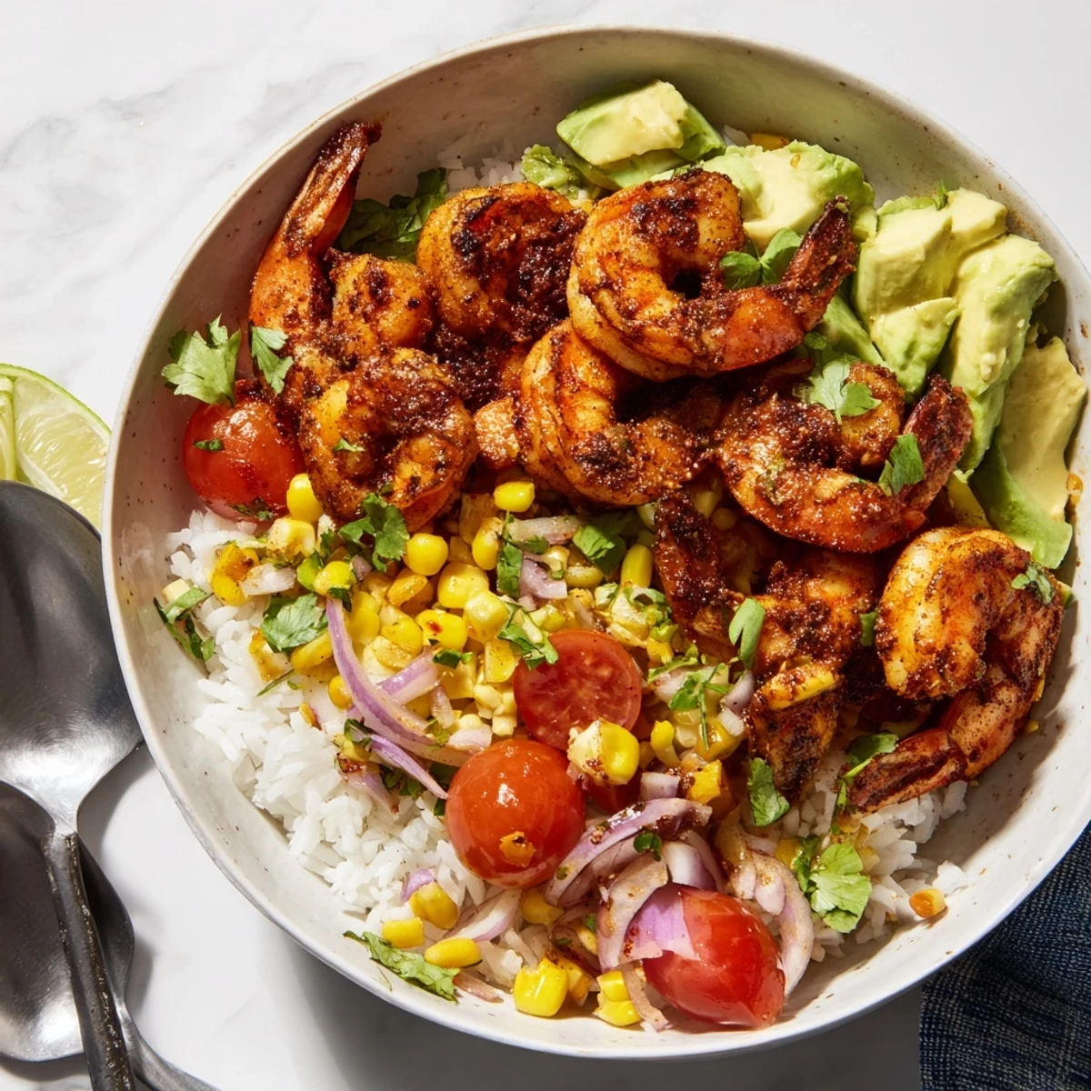 Colorful Easy Grilled Shrimp Bowl featuring grilled shrimp with avocado corn salsa garnish.
