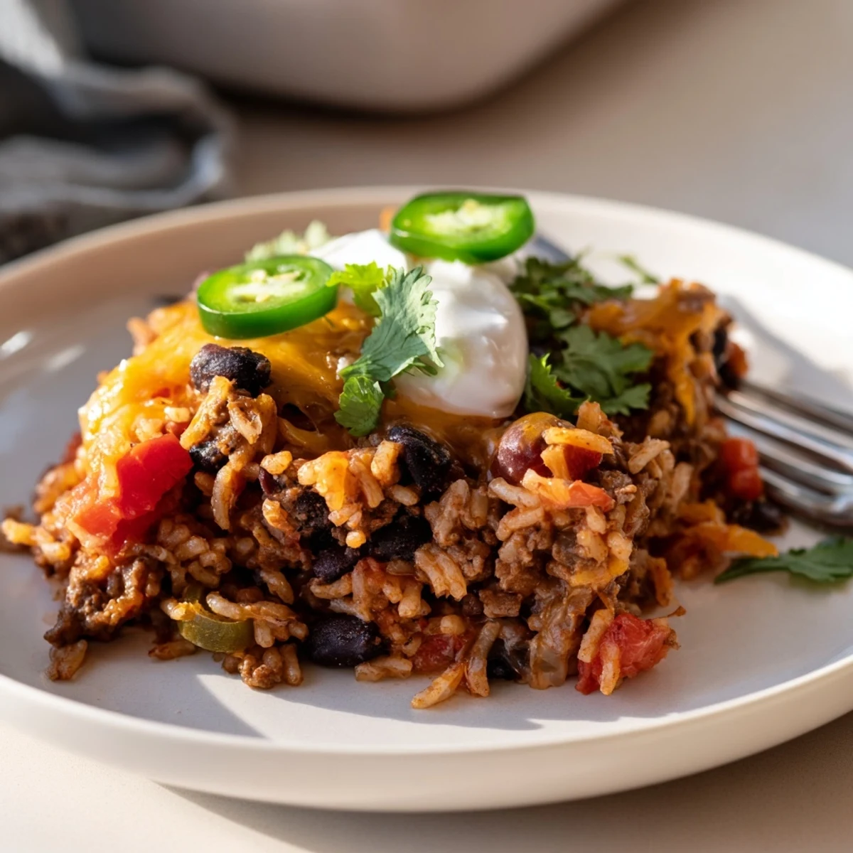 Hearty Tex-Mex Beef & Rice Casserole bubbling with savory spices and tender beans.  