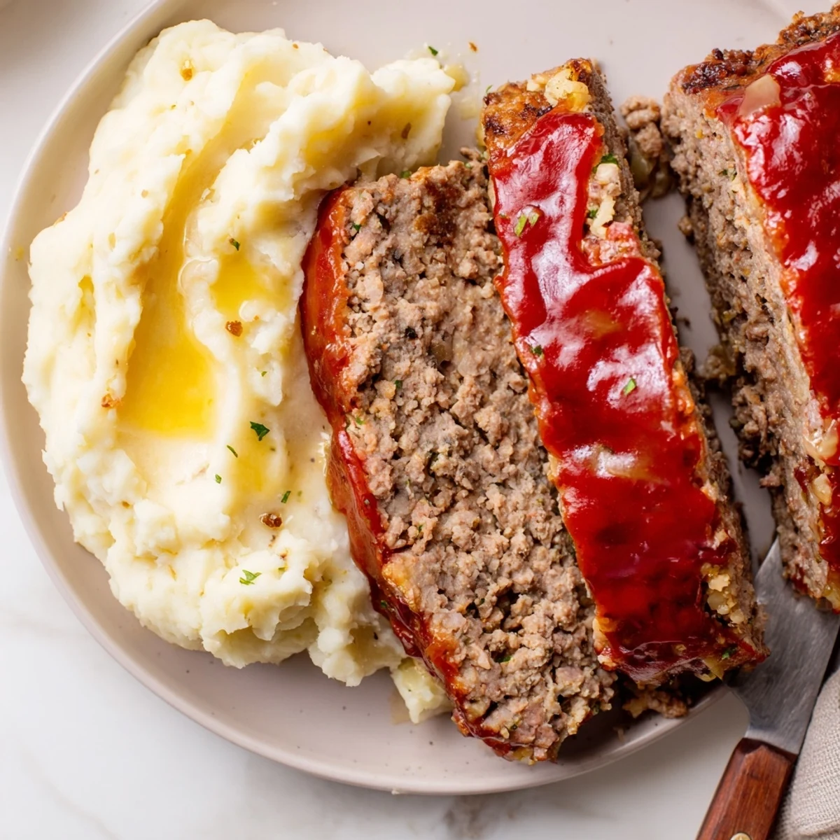 Juicy classic meatloaf with rich, flavorful glaze beside creamy mashed potatoes.  