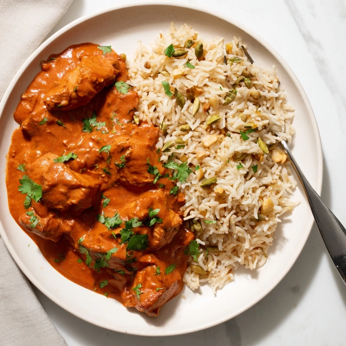 Tender butter chicken in creamy tomato sauce served with aromatic rice pilaf.  