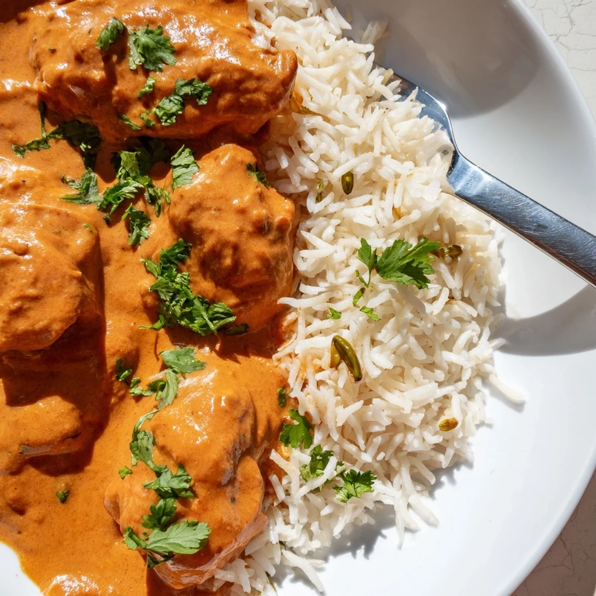 Deliciously spiced butter chicken with fluffy basmati rice pilaf on a plate.  