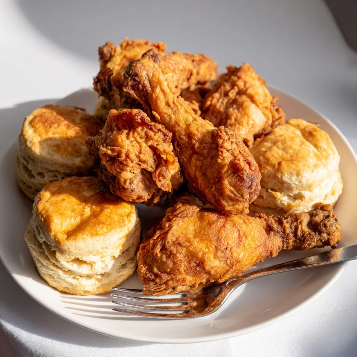 Crispy Southern fried chicken with flaky buttermilk biscuits, perfect for family gatherings.  