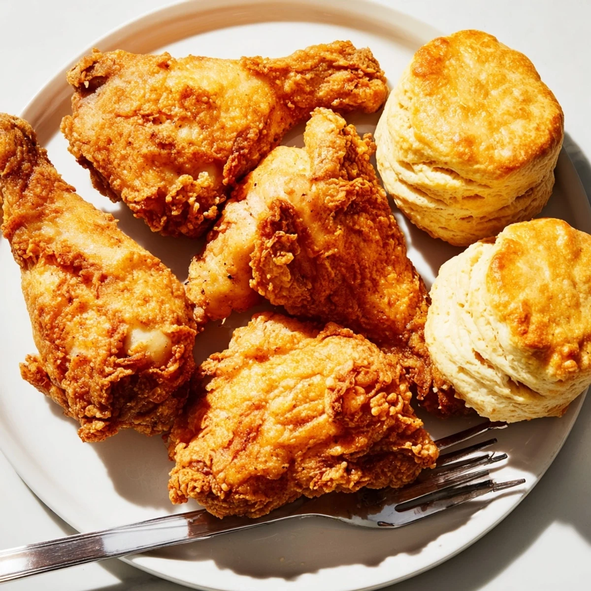 Juicy fried chicken served alongside buttery buttermilk biscuits, a Southern comfort food classic.  
