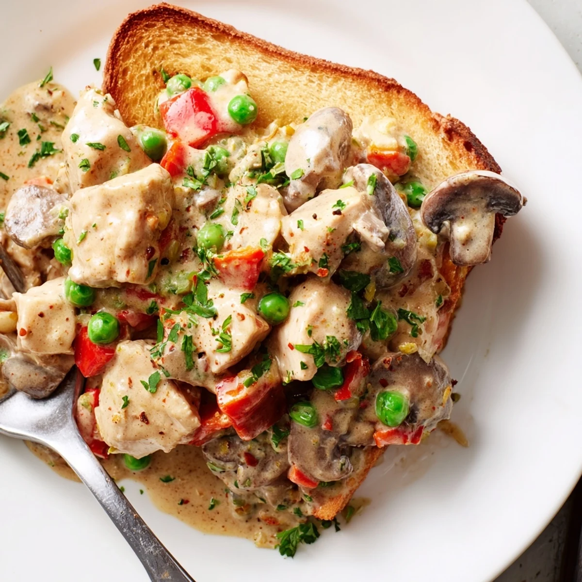 Delicious Chicken à la King served warm atop golden, buttery toast slices.  
