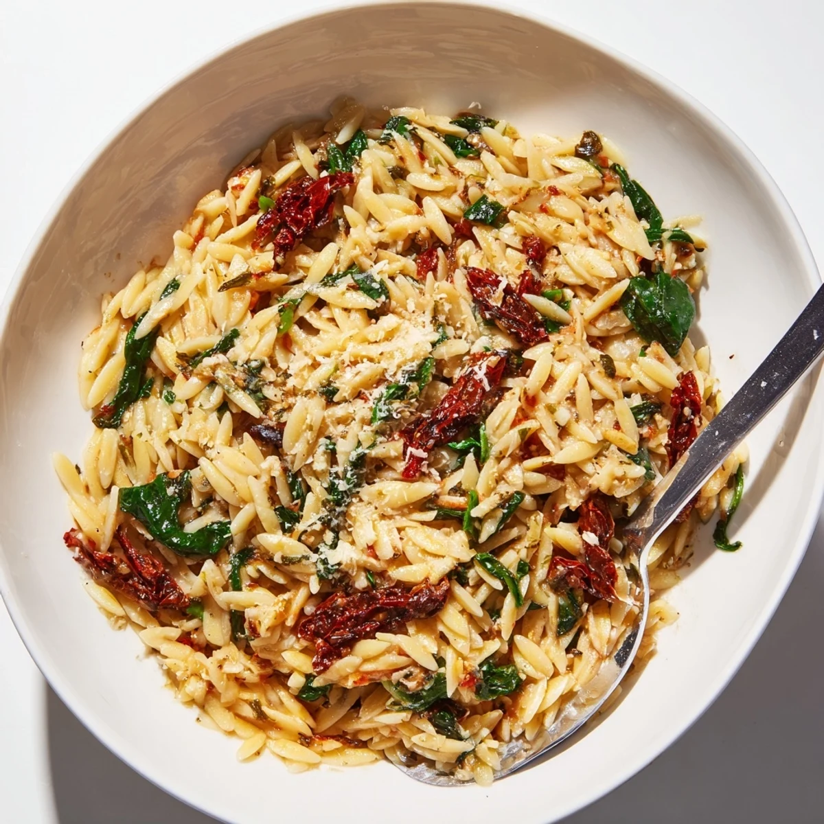 Creamy Tuscan Orzo Bowl with sun-dried tomatoes and fresh spinach, served warm.  