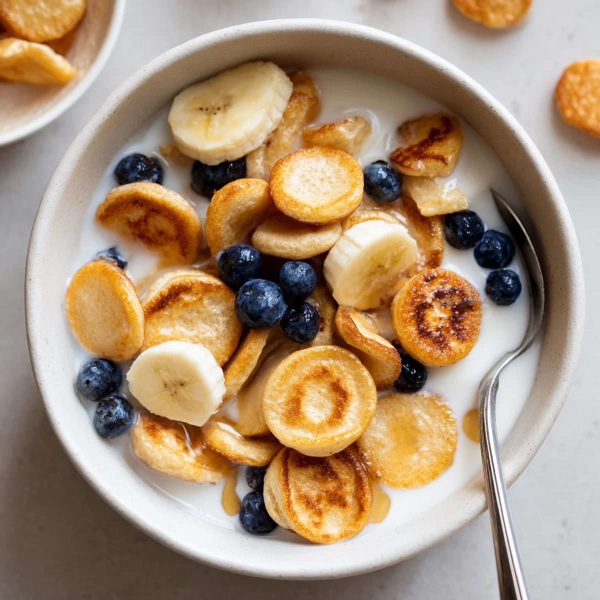 Mini pancake cereal in a bowl with syrup and fresh berries for breakfast enjoyment.  