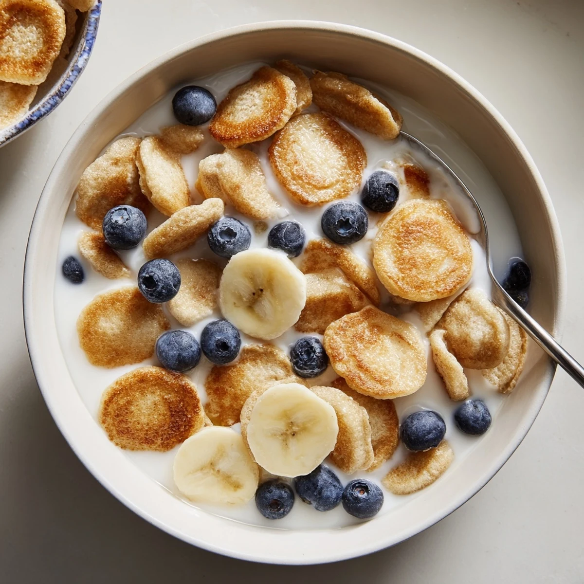 Bite-sized pancakes topped with juicy fruits and honey, perfect for a fun breakfast.