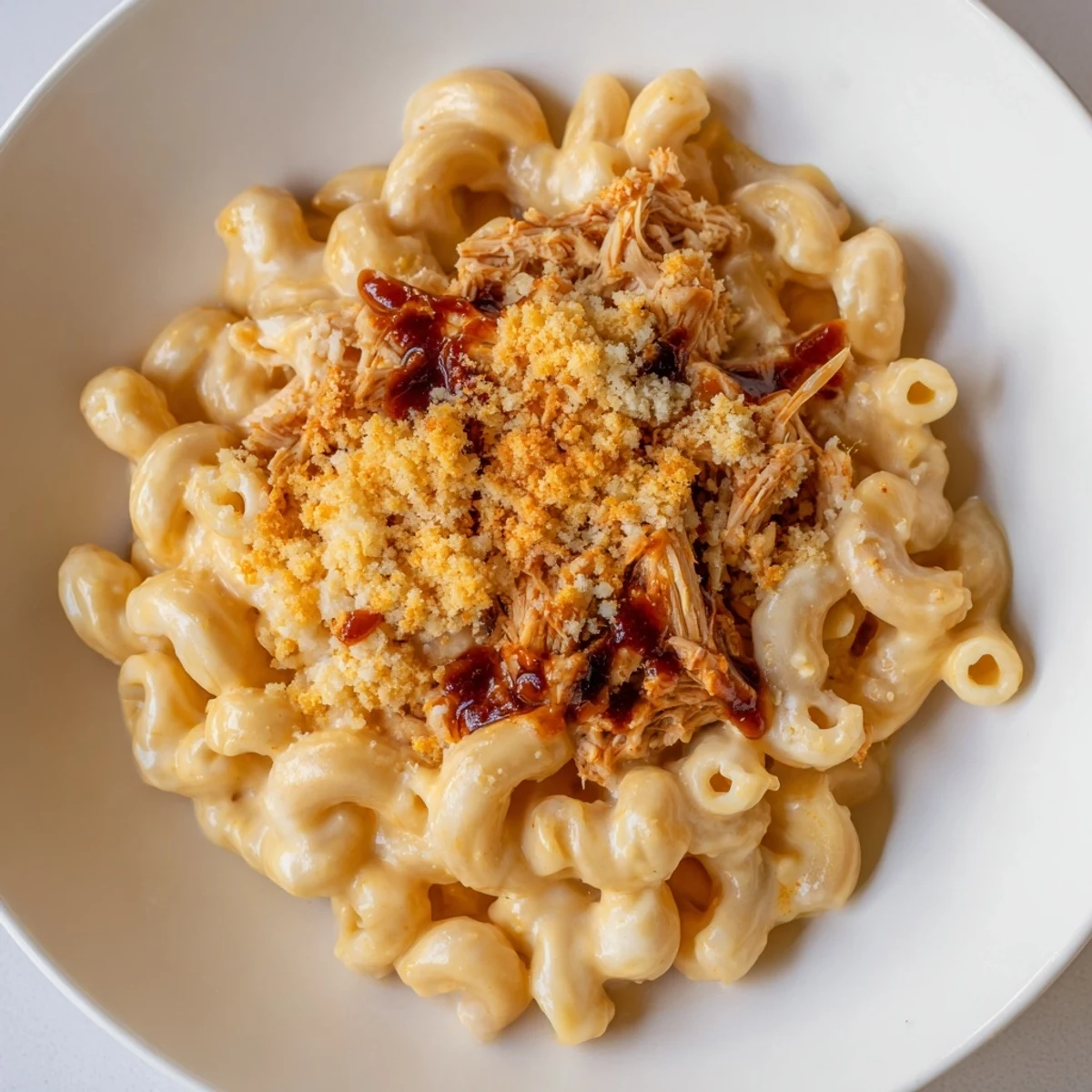 Classic mac & cheese with BBQ chicken, a bubbling, cheesy casserole with tender, smoky chicken topping.