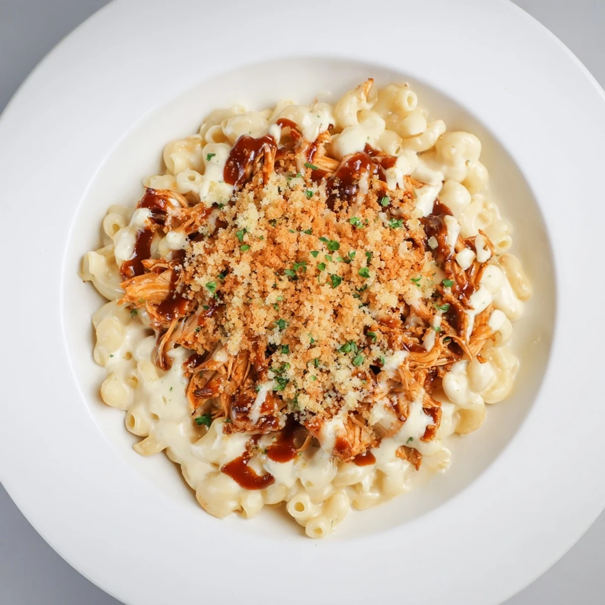 A close-up of cheesy, golden-brown Classic Mac & Cheese with BBQ Chicken, perfect for dinner tonight.