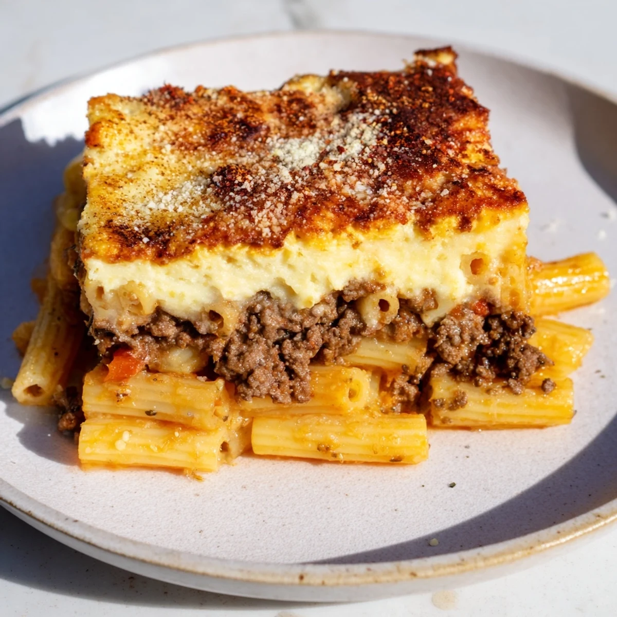 Golden-brown Greek Pastitsio, a comforting casserole with layers of pasta and creamy béchamel.
