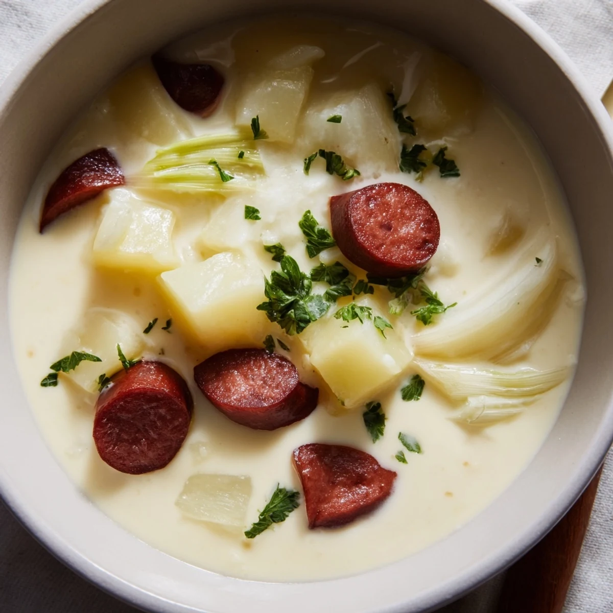 A steaming, creamy Potato, Leek & Chorizo Soup bowl garnished with fresh parsley and crusty bread.