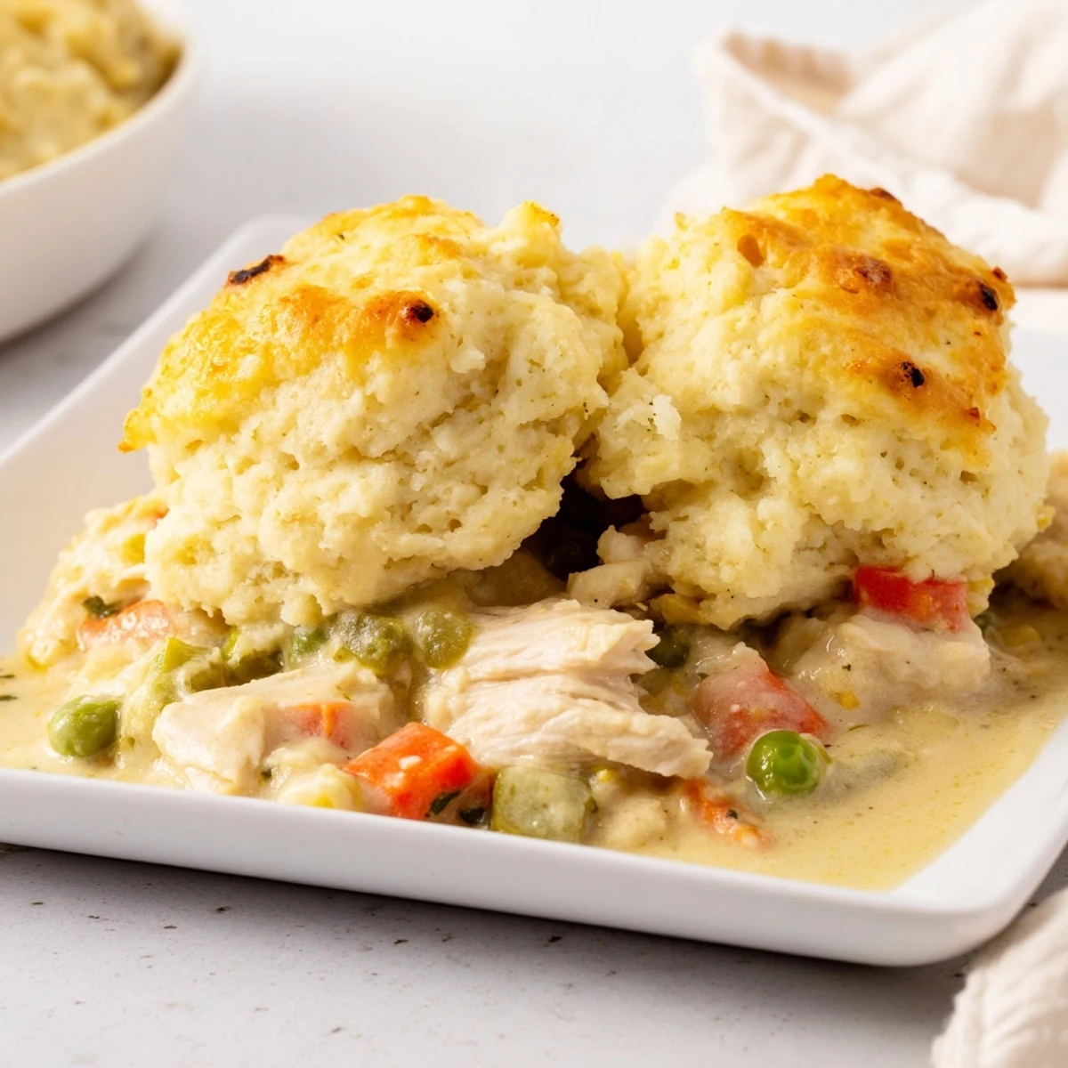 Golden-brown Chicken and Dumplings Casserole bubbling in a baking dish, ready to serve with a spoon.