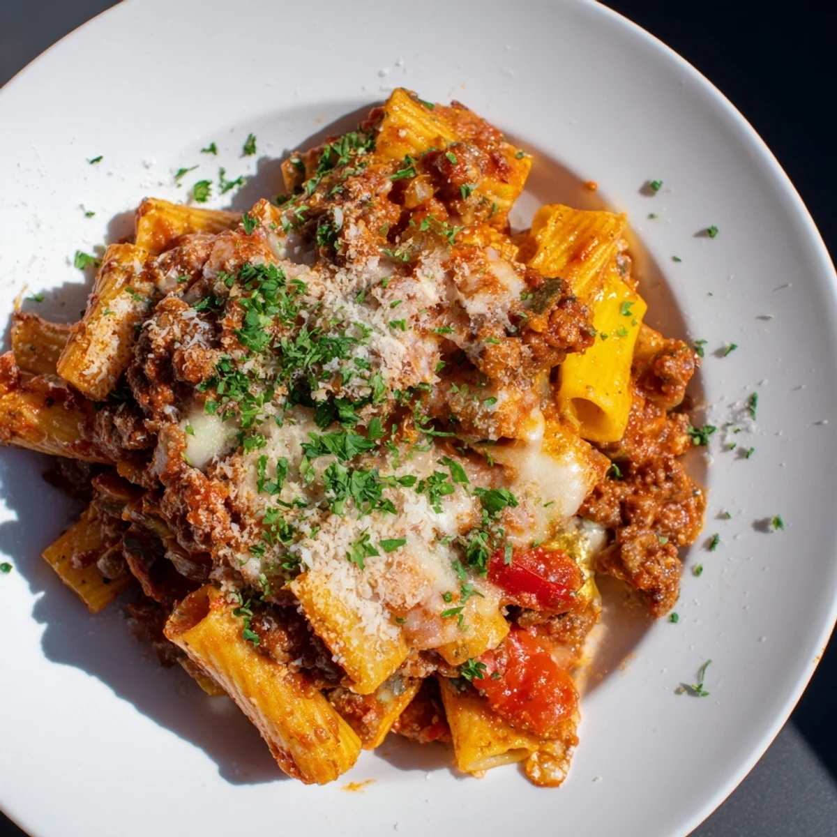 Baked rigatoni with sausage and peppers: A warm, bubbly casserole dish featuring melted cheese and rich tomato sauce.