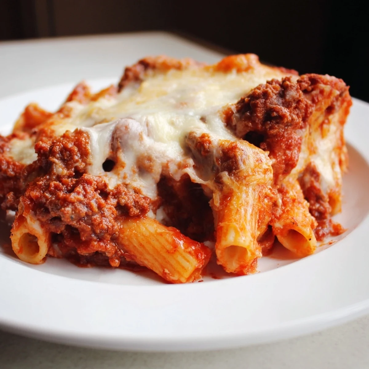 A close-up of a Baked Ziti with Meat Sauce; the cheesy top is golden brown and tempting.